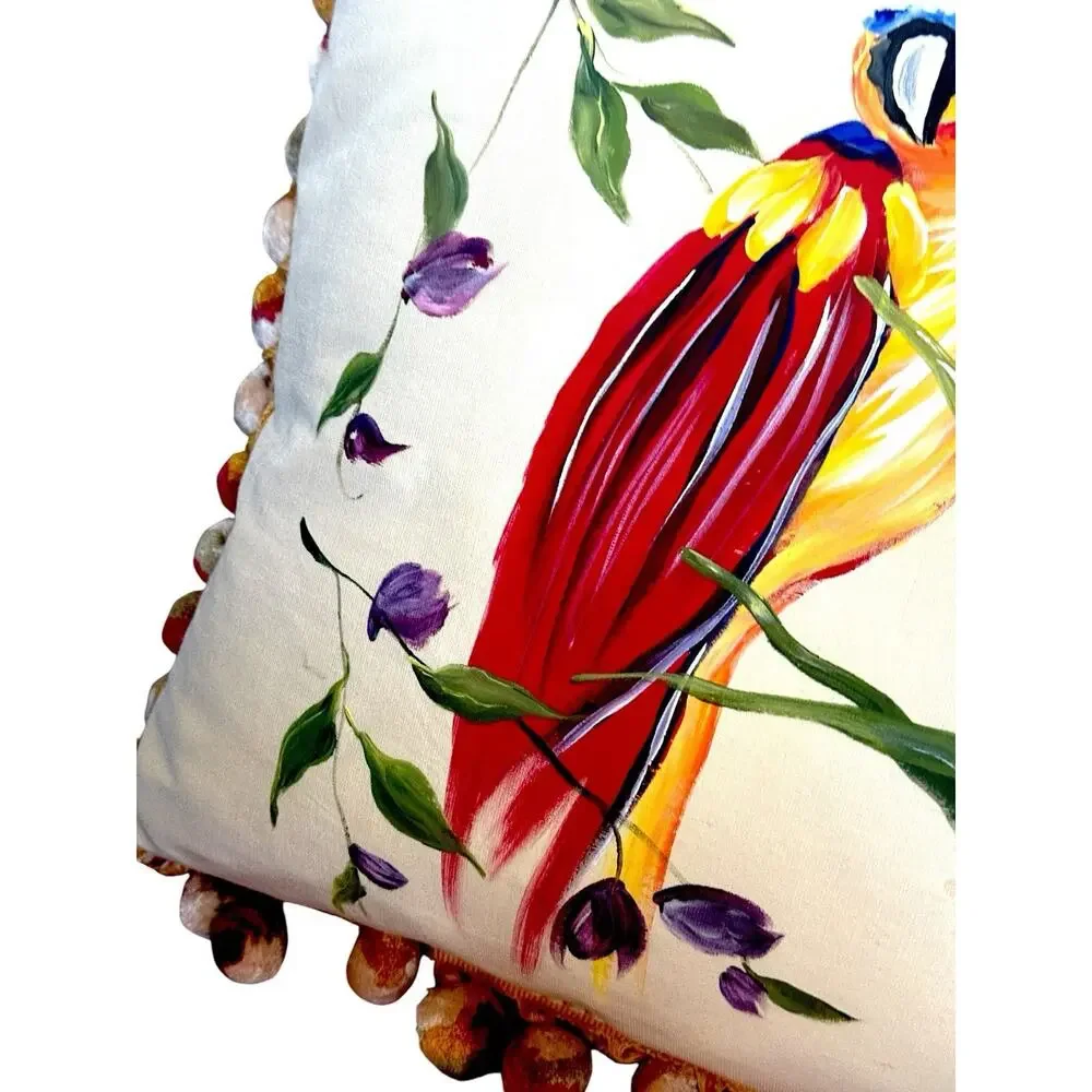 Silk Down Pillow Parrot Bird Poms Luxury IL FIORE Handmade Large 22x22